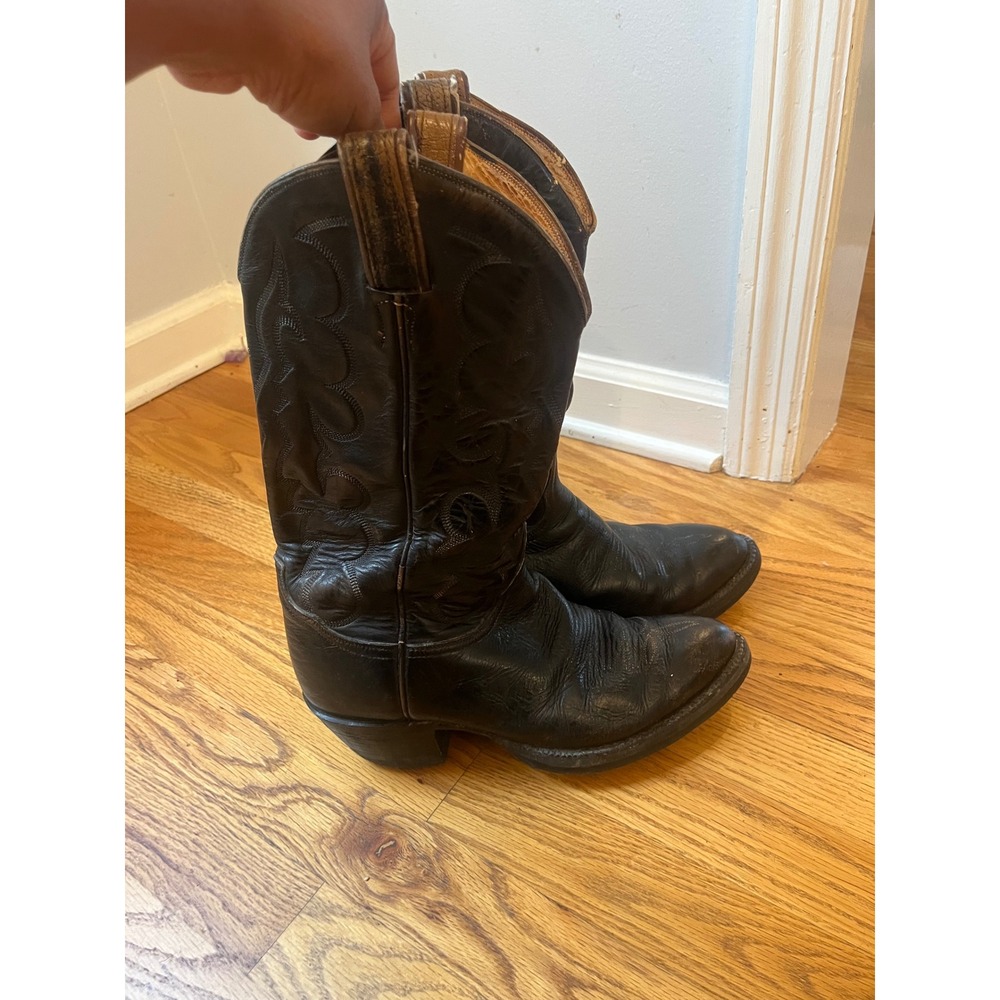 Tony Lama VTG Black Leather Western Cowboy Boots Pointed Toe 7.5 EE Made in USA
